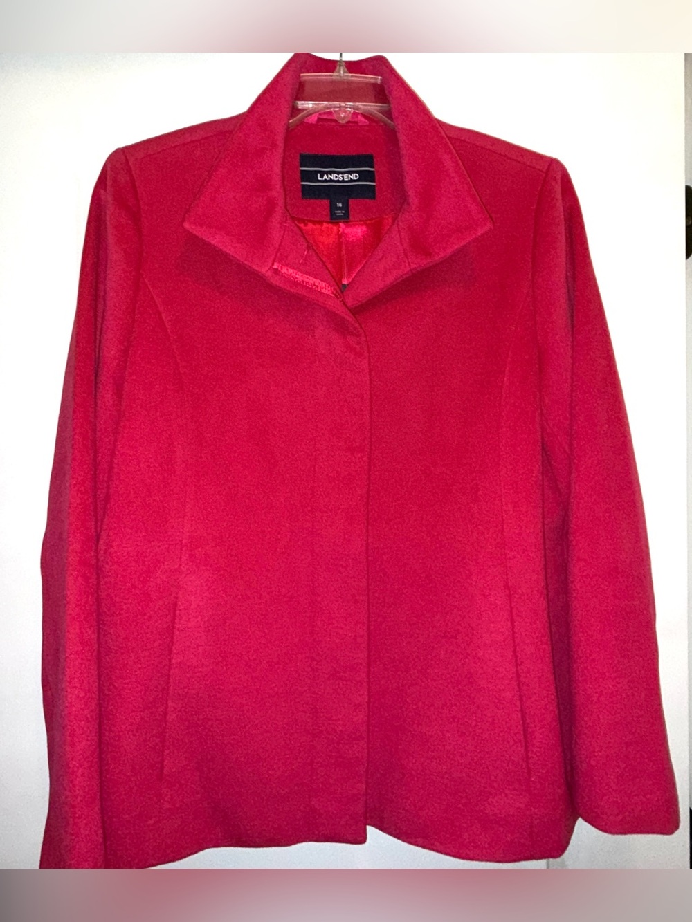LANDS END Bright Teaberry Pink Peacoat Coat Jacket Wool-Look Lightweight Size 16